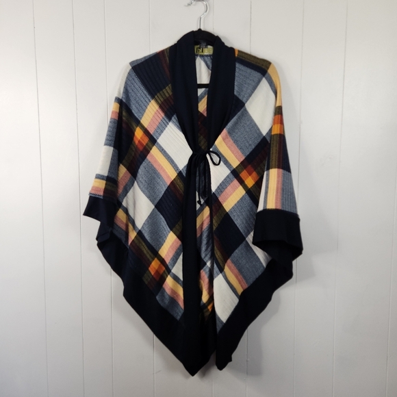 Pure Essence Navy Plaid Poncho Wrap Sweater Scarf XS Small Apres Yoga Outerwear - Picture 9 of 10